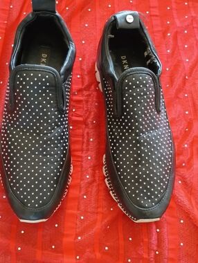 DKNY Black Slip-On Loafers with Silver Stud Accents